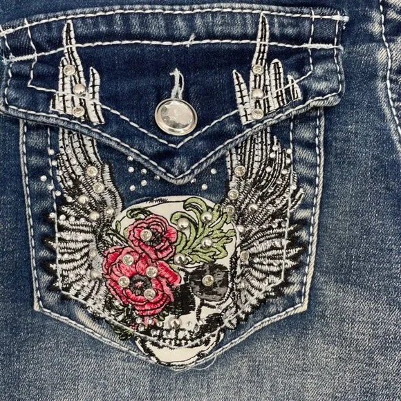 TELEPATIA Womens Blue Wash Wide Leg Mid Rise Jeans Size 11 30 Embellished Pocket - Picture 8 of 9